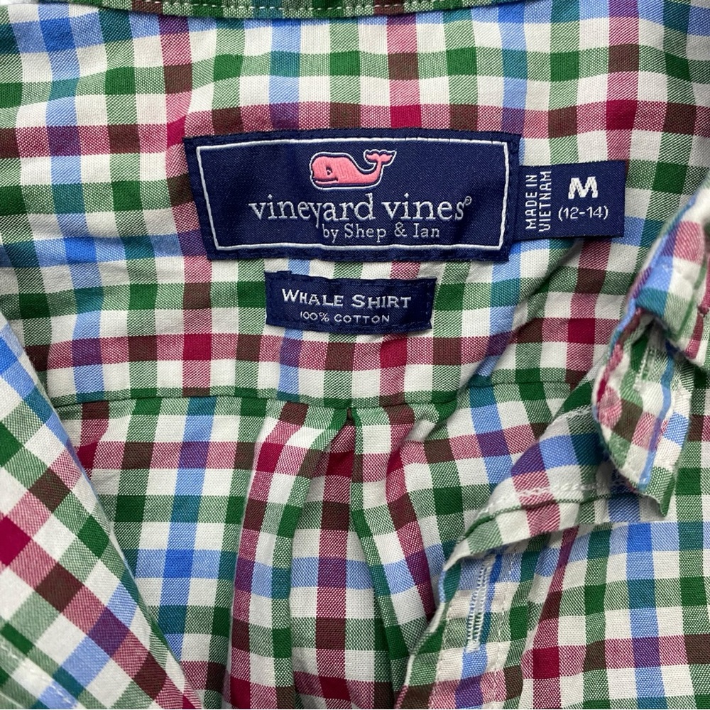 Vineyard Vines Boys Size Medium 12-14 Whale Blue Green Red Plaid Button-Up
